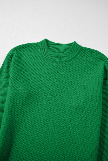 Green Textured Knit Drop Shoulder Split Cuff Oversized Sweater