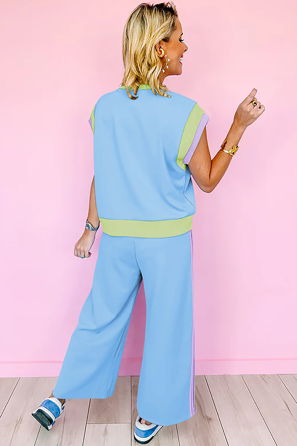 Navy Color Block Lounge Set Wide Leg Pants 2 Piece
