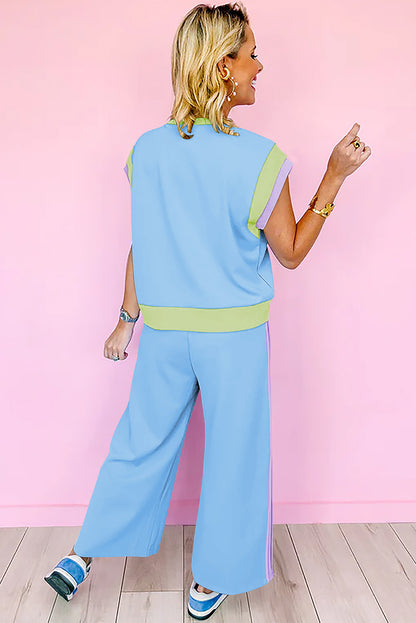 Navy Color Block Lounge Set Wide Leg Pants 2 Piece