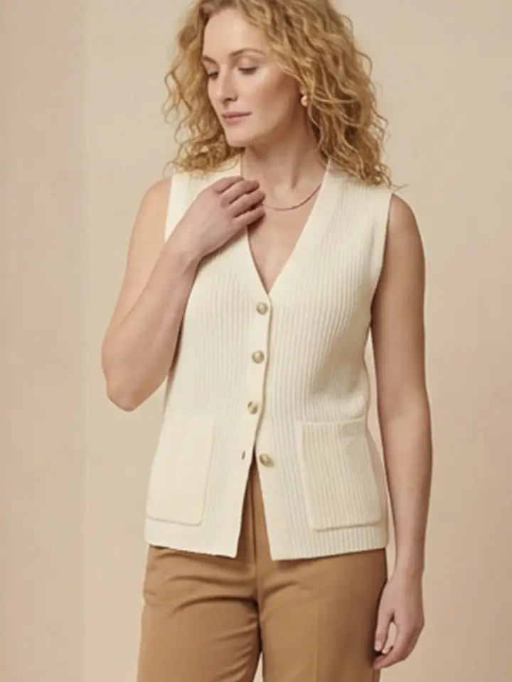 Button Front V Neck Knit Sweater Vest With Pockets