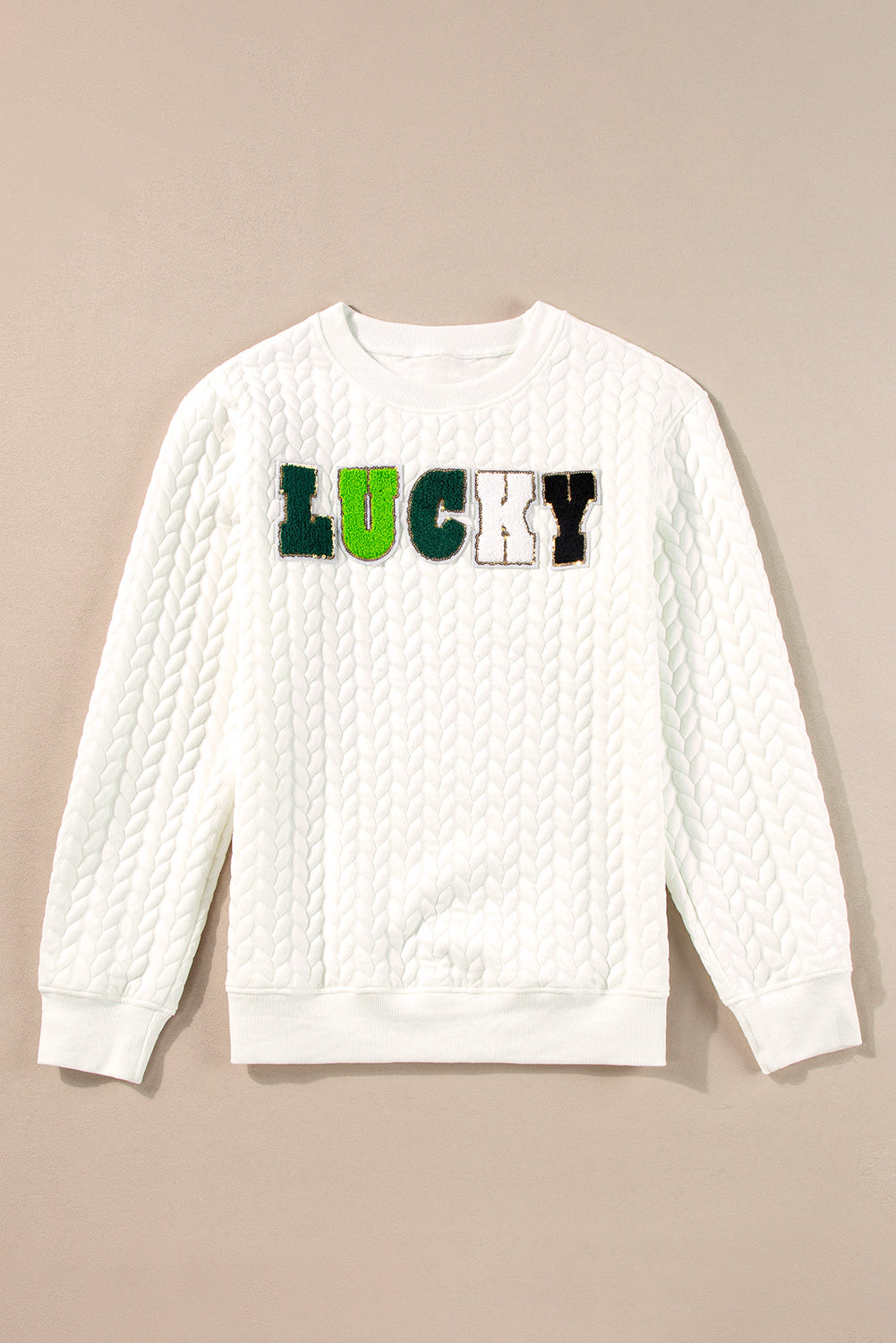 White LUCKY Chenille Embroidered Cable Knit Pullover Sweatshirt