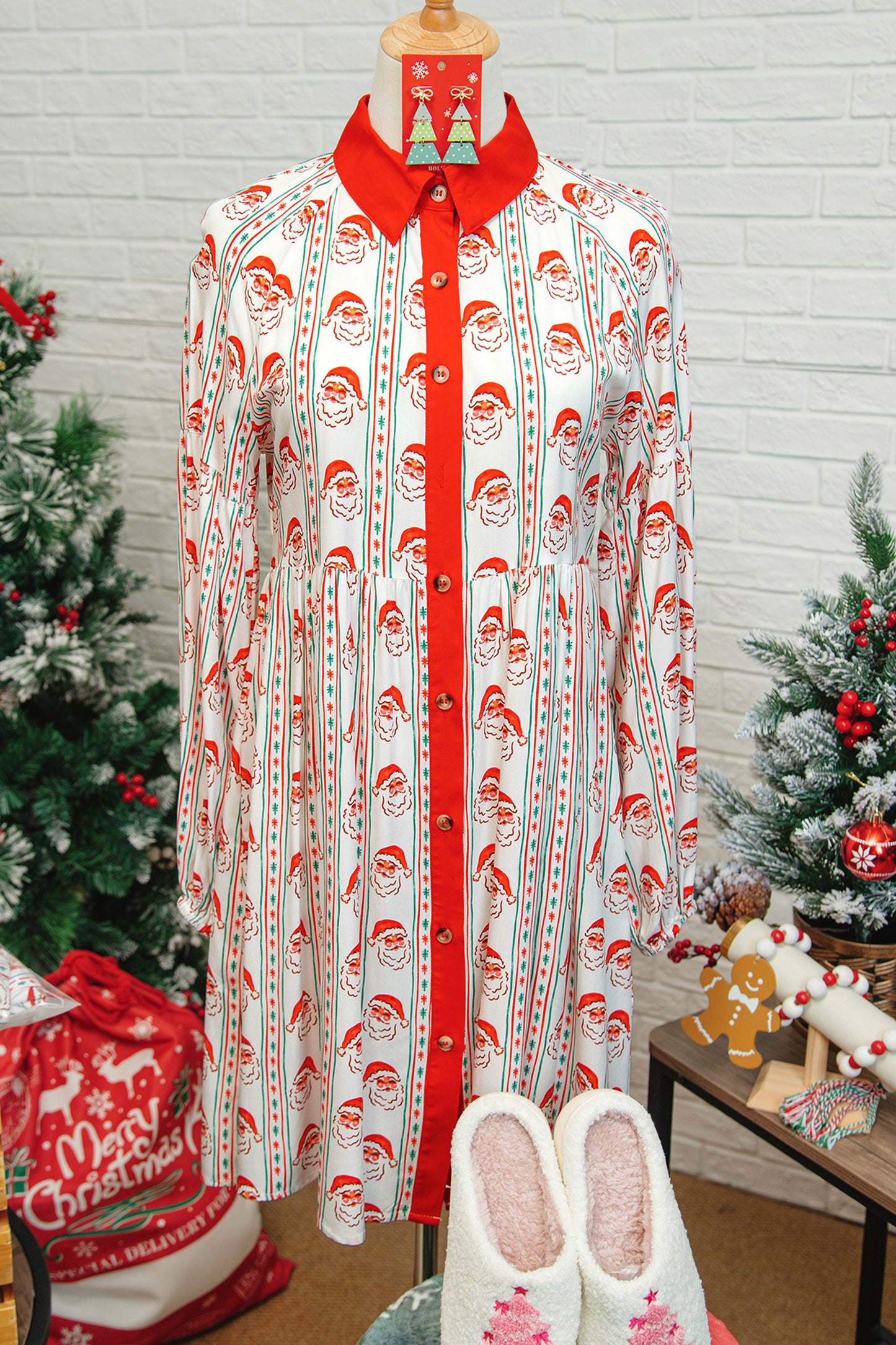 Santa Print Button Front Long Sleeve Christmas A Line Dress