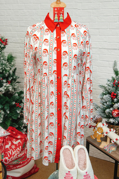 Santa Print Button Front Long Sleeve Christmas A Line Dress