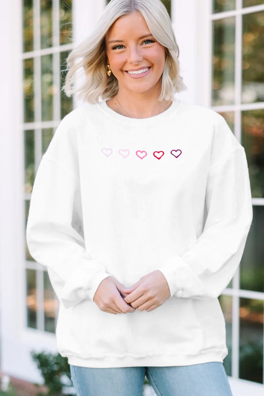 Pink XOXO Heart Embroidered Ribbed Knit Valentines Sweatshirt