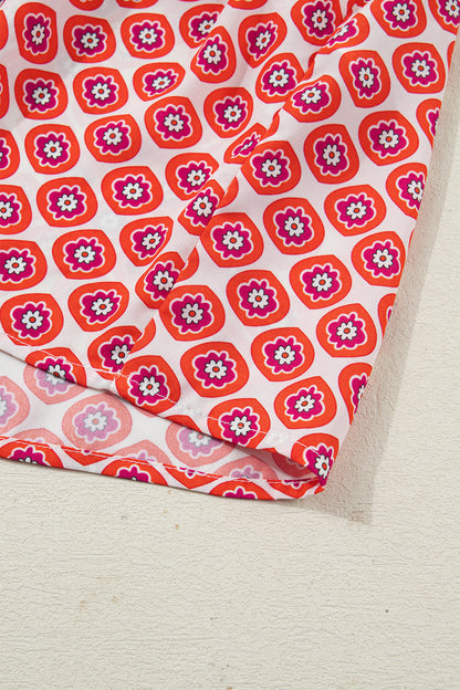 Orange Geometric Print Button Front Ruffle Hem Mini Dress