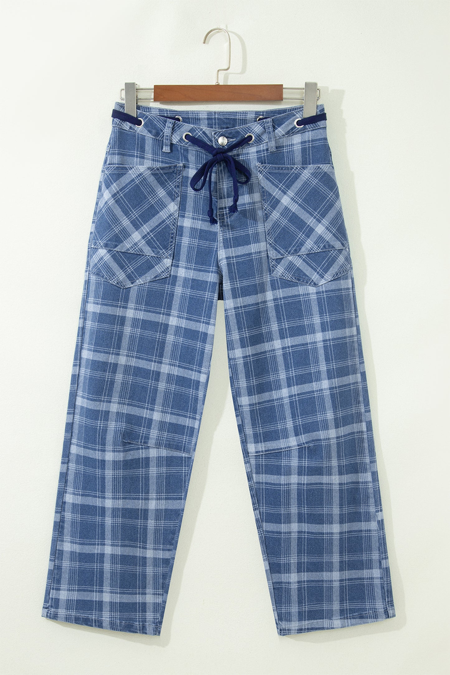 Plaid Denim Drawstring Wide Leg Utility Jeans