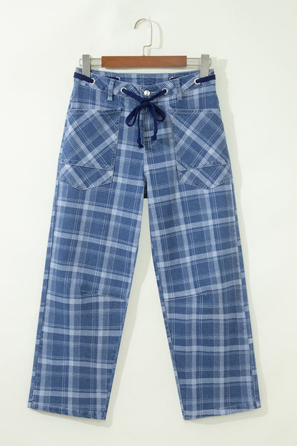 Plaid Denim Drawstring Wide Leg Utility Jeans