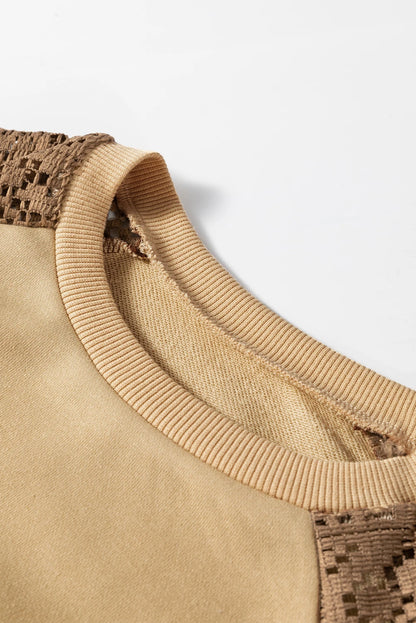 Customizable Khaki Lace Patchwork Colorblock Drop Shoulder Sweatshirt