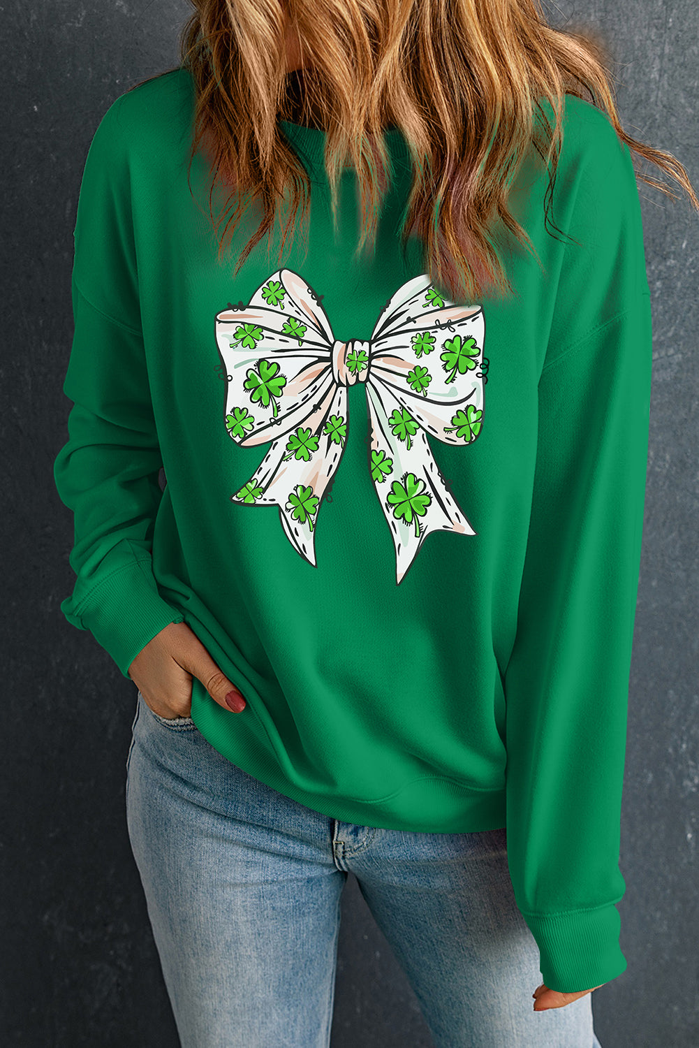 Dark Green Clover Bow St Patrick’s Drop Shoulder Sweatshirt