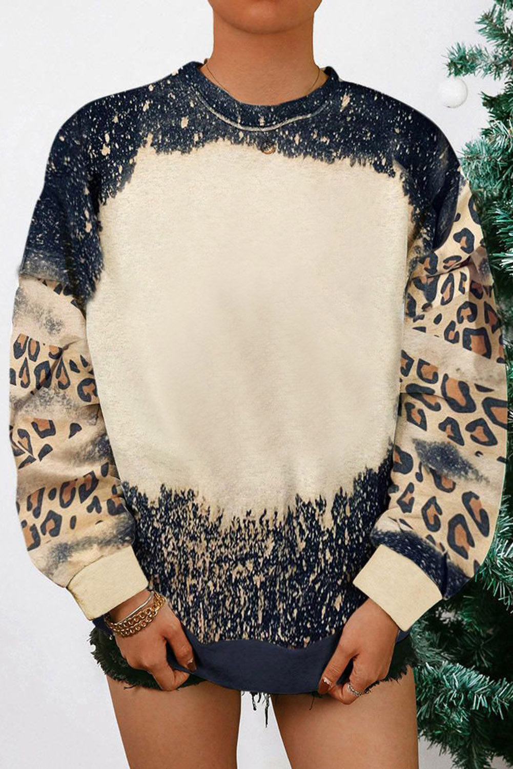 Black Tie Dye Leopard Drop Shoulder Crewneck Sweatshirt