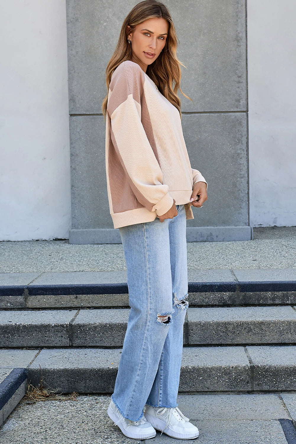 Color Block Waffle Knit Raglan Sleeve High Low Pullover