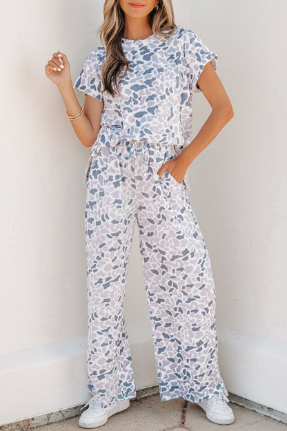 Women Camo Print Two Piece Set Casual Tee Drawstring Pants