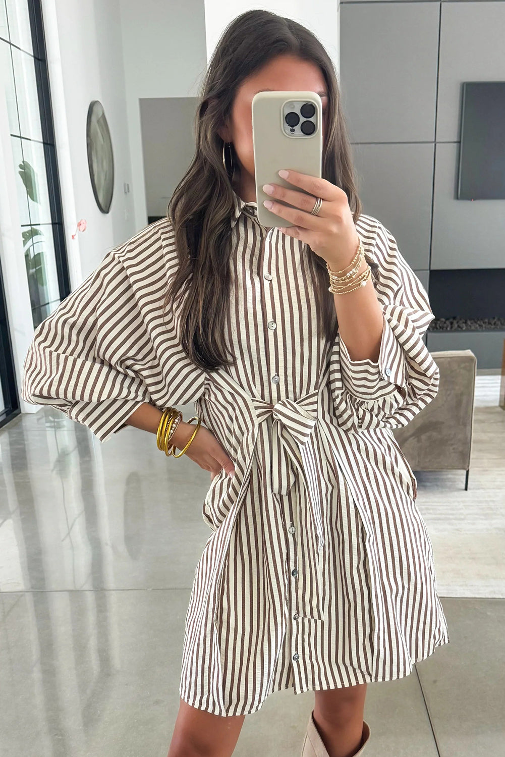 Brown Stripe Knot Waist Puff Sleeve Button Down Shirt Dress