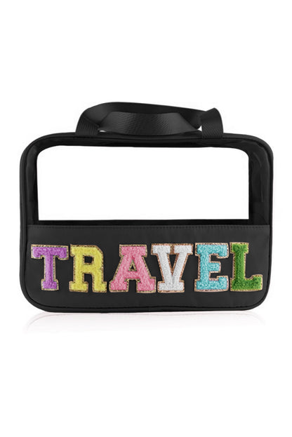 Light Pink TRAVEL Chenille Letter Clear PVC Makeup Bag