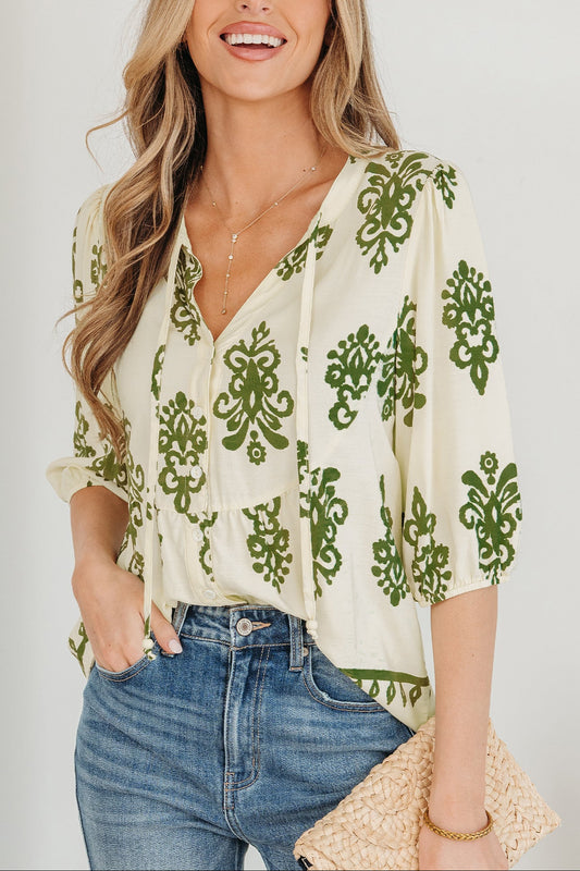 Apricot Floral Print Tie V Neck Button Down Puffy Half Sleeve Shirt