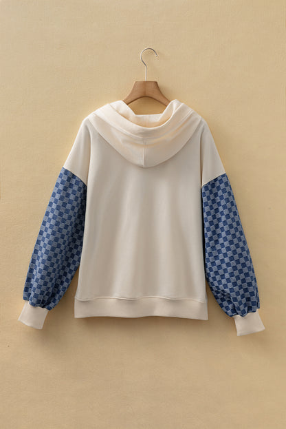 Bonbon Checkered Patchwork Half Zip Hoodie with Pocket