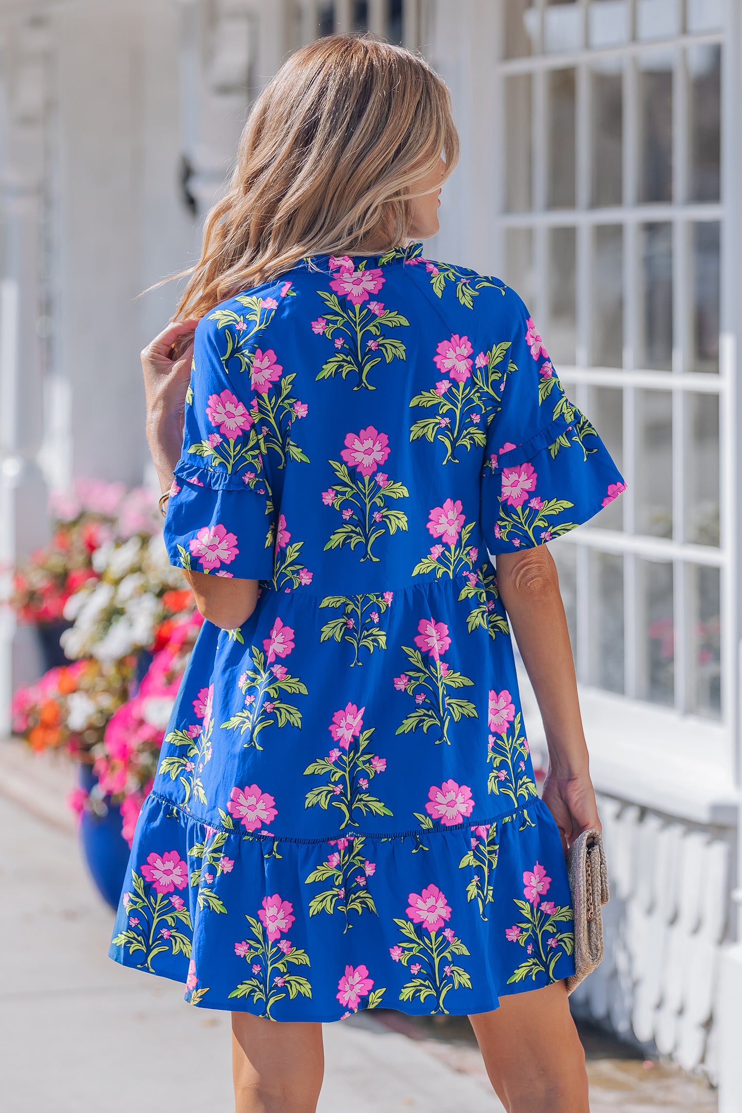 Floral Print V Neck Short Sleeve Tiered Mini Dress