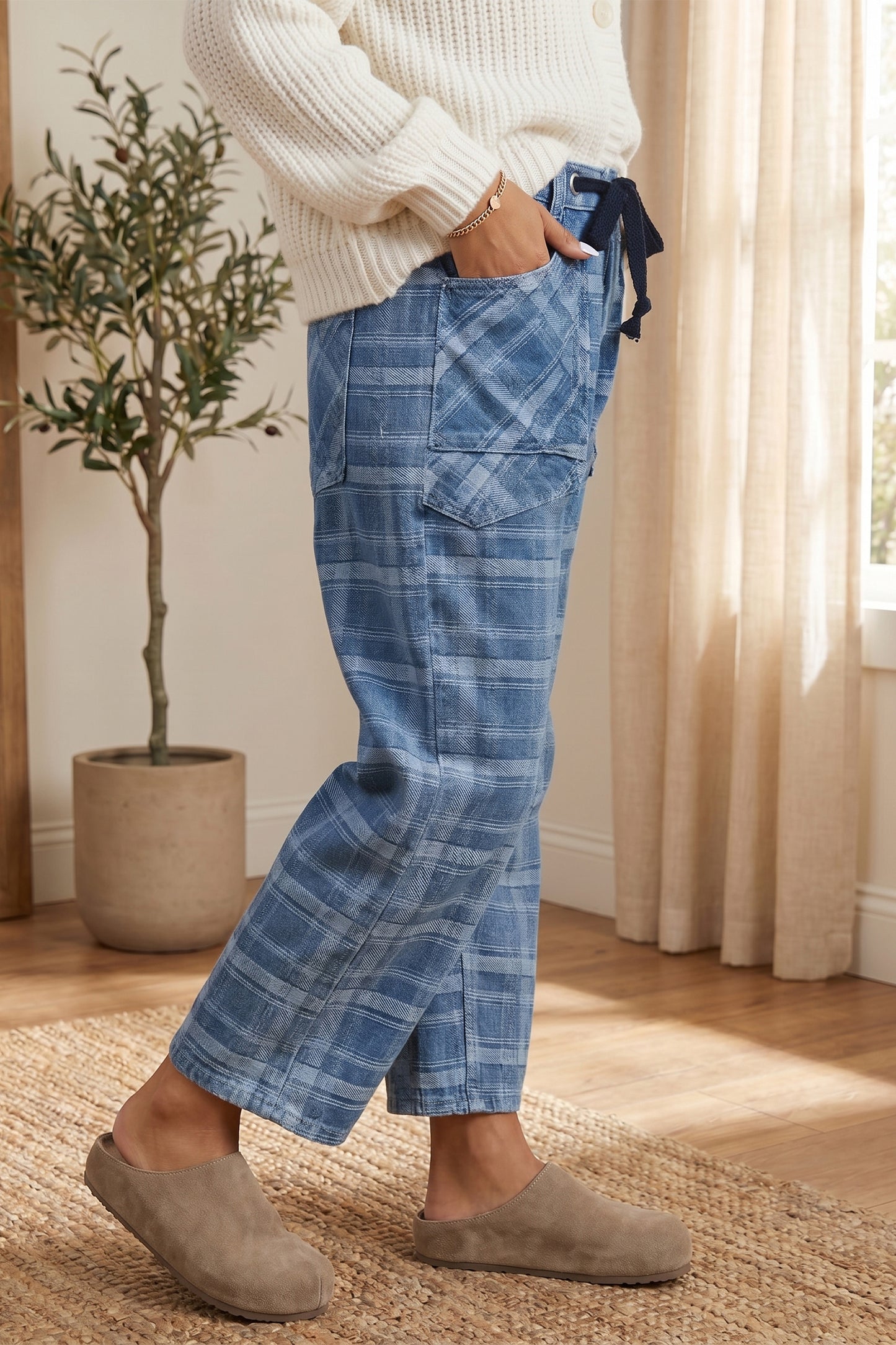 Plaid Denim Drawstring Wide Leg Utility Jeans
