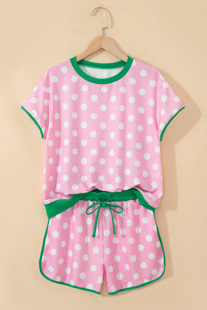 Polka Dot Lounge Set Contrast Trim Tee and Shorts