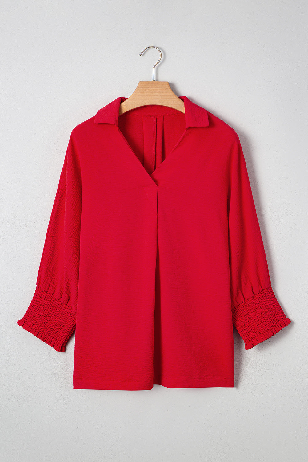 Red V Neck Collared Blouse Loose Fit Smocked Sleeve