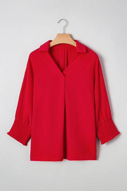 Red V Neck Collared Blouse Loose Fit Smocked Sleeve