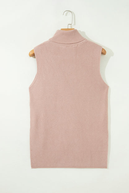 Beige Sleeveless Turtleneck Knit Sweater Vest Top