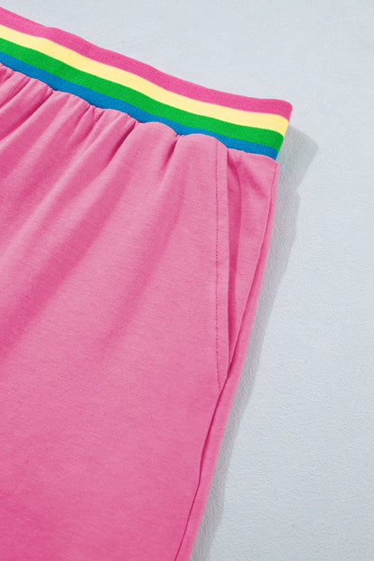 Bright Pink Lounge Set Rainbow Waistband Tee and Shorts