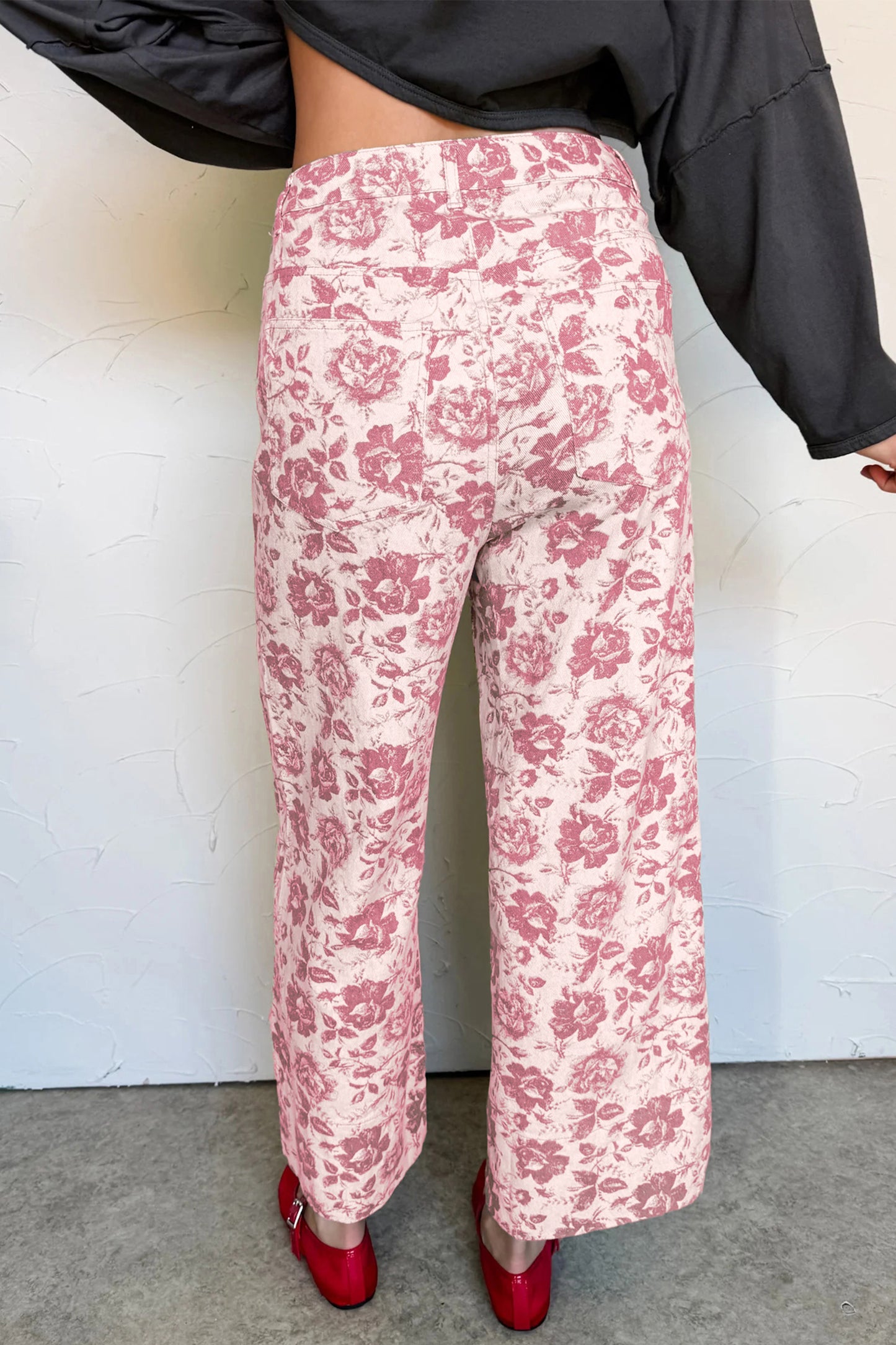 Pink Vintage Floral Print Wide Leg Denim Pants