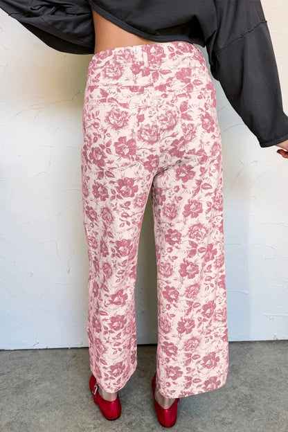 Pink Vintage Floral Print Wide Leg Denim Pants