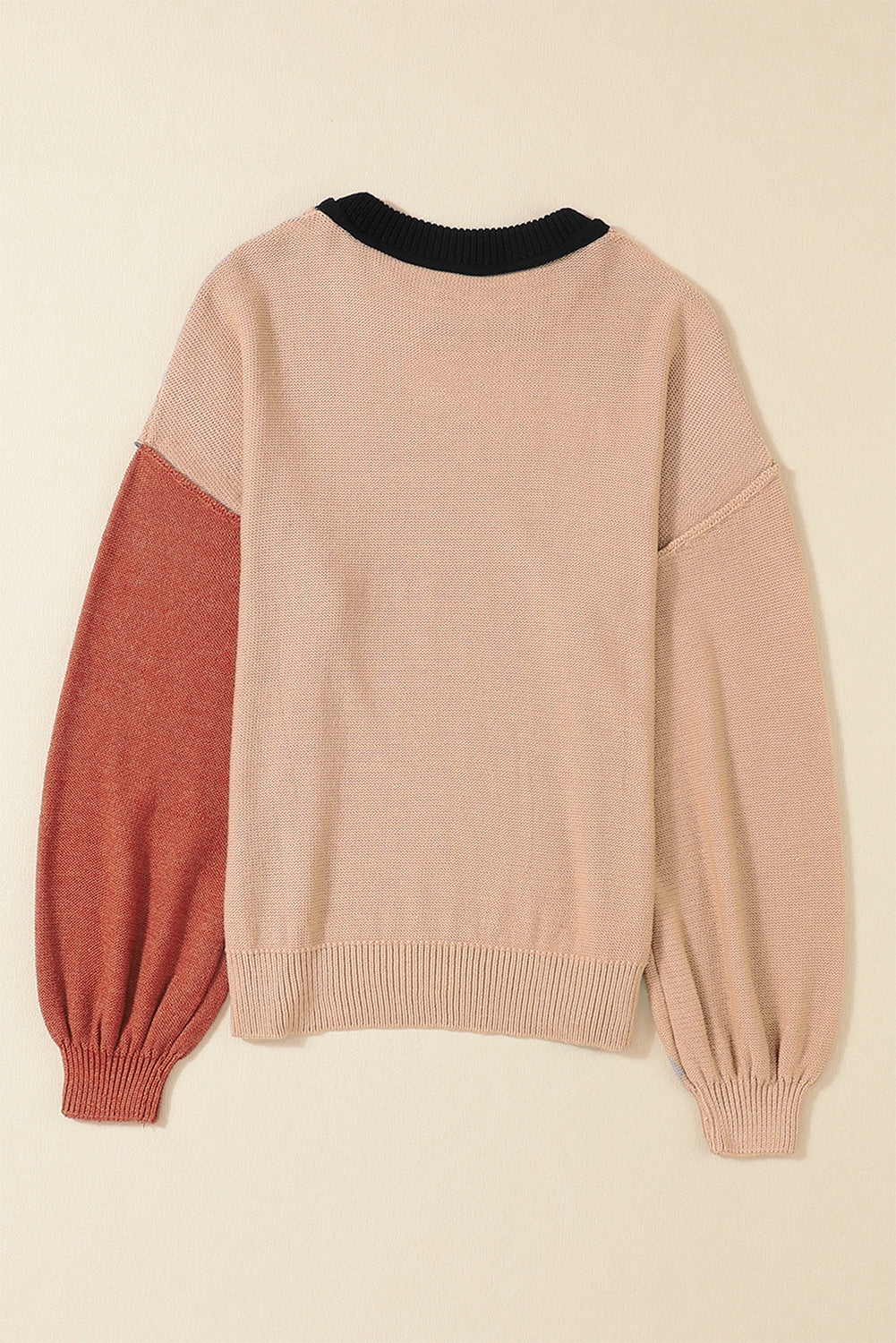 Colorblock Bishop Sleeve Ribbed Knit Sweater