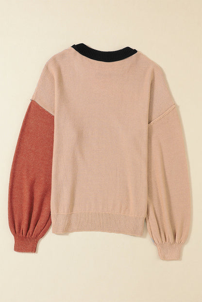 Colorblock Bishop Sleeve Ribbed Knit Sweater