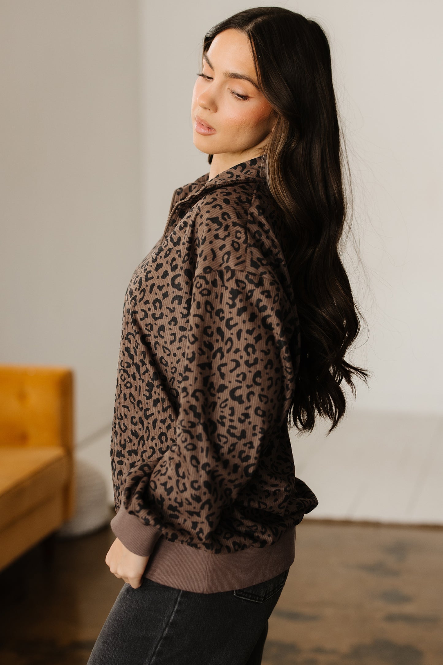Leopard Print Quarter Zip Corduroy Pullover