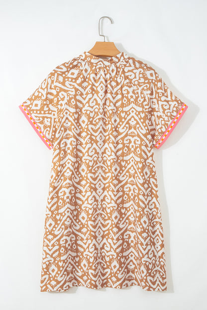 Boho Ikat Print V Neck Shift Dress Summer Mini Dress