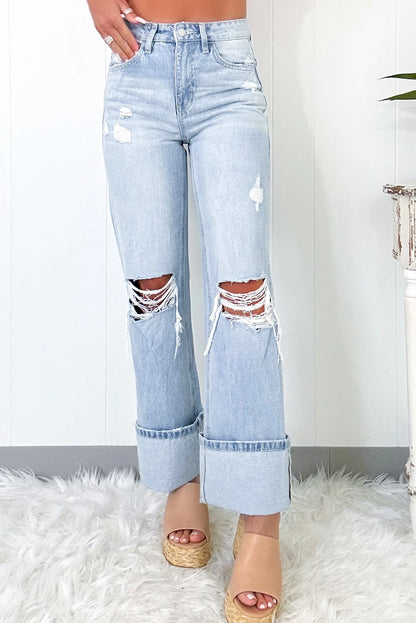 Light Wash Distressed Straight Leg Jeans Raw Hem Denim