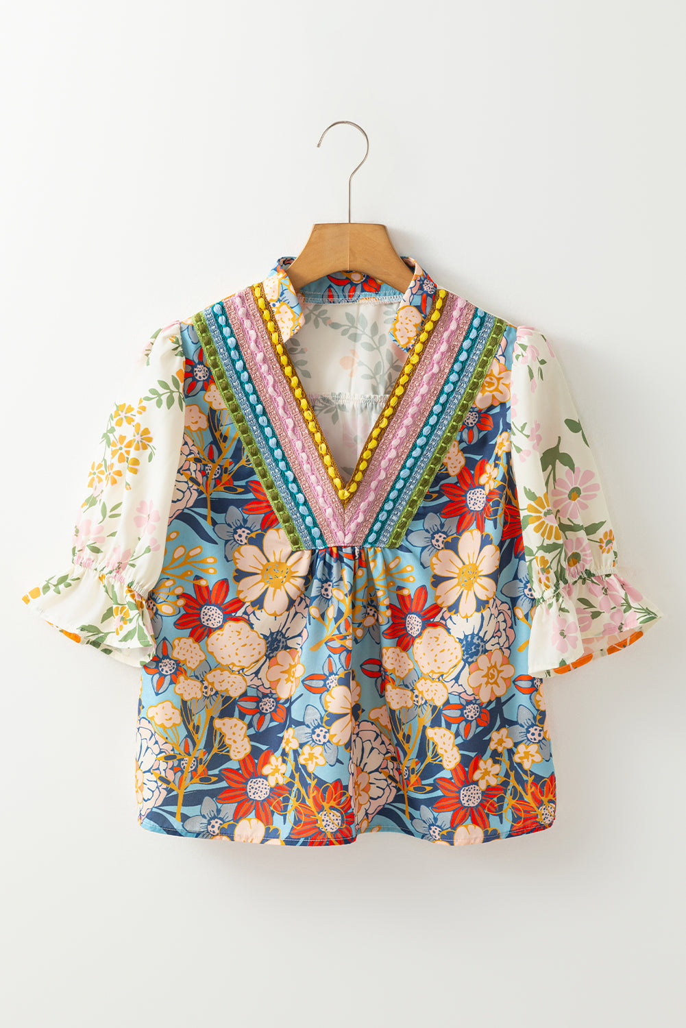 Boho Floral V Neck Crochet Trim Puff Sleeve Blouse