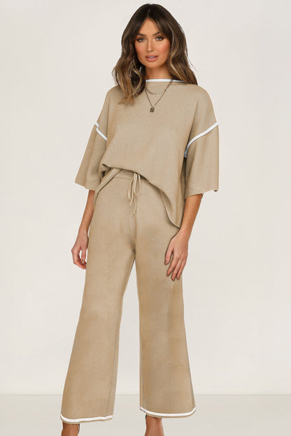 Women’s Knit Lounge Set Contrast Trim Top and Pants