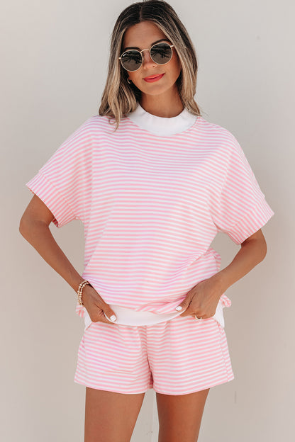 Casual Stripe 2 Piece Short Set Women Lounge Outfit