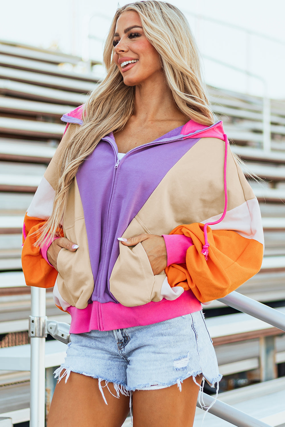 Oversized Colorblock Zip Up Hoodie – Retro Streetwear