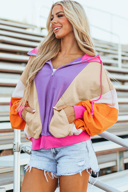 Oversized Colorblock Zip Up Hoodie – Retro Streetwear