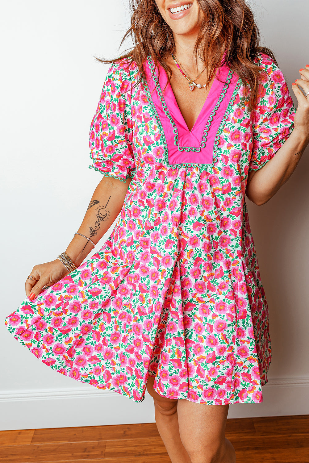 Pink Floral V Neck Puff Sleeve Mini Dress