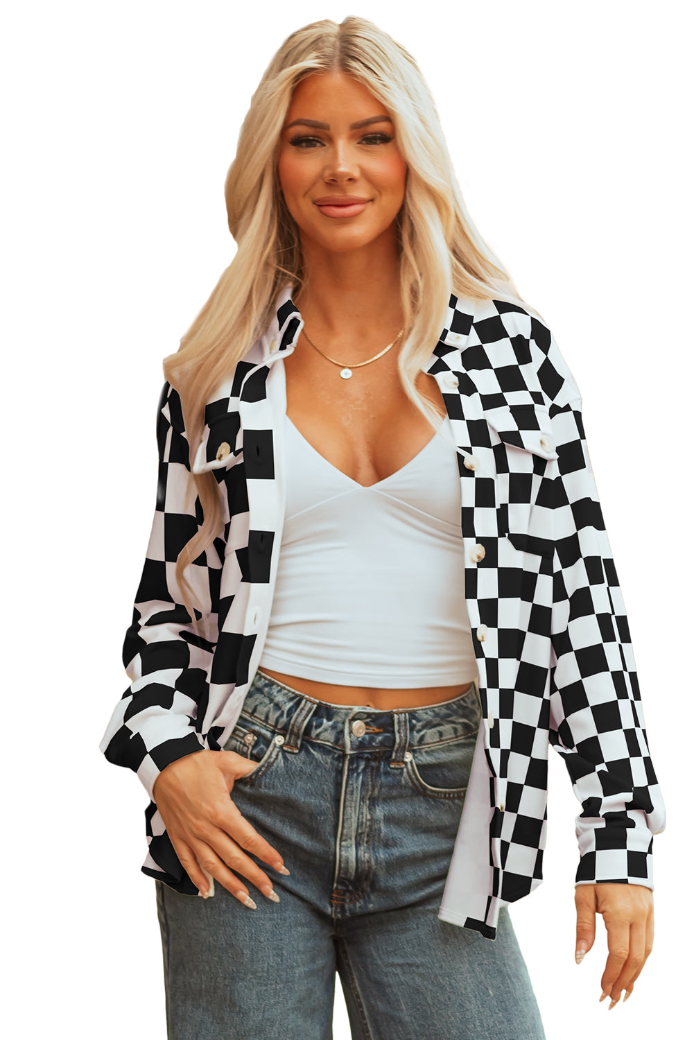 Checkerboard Print Flap Pocket Button Front Shacket
