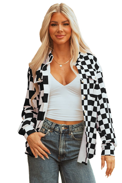 Checkerboard Print Flap Pocket Button Front Shacket