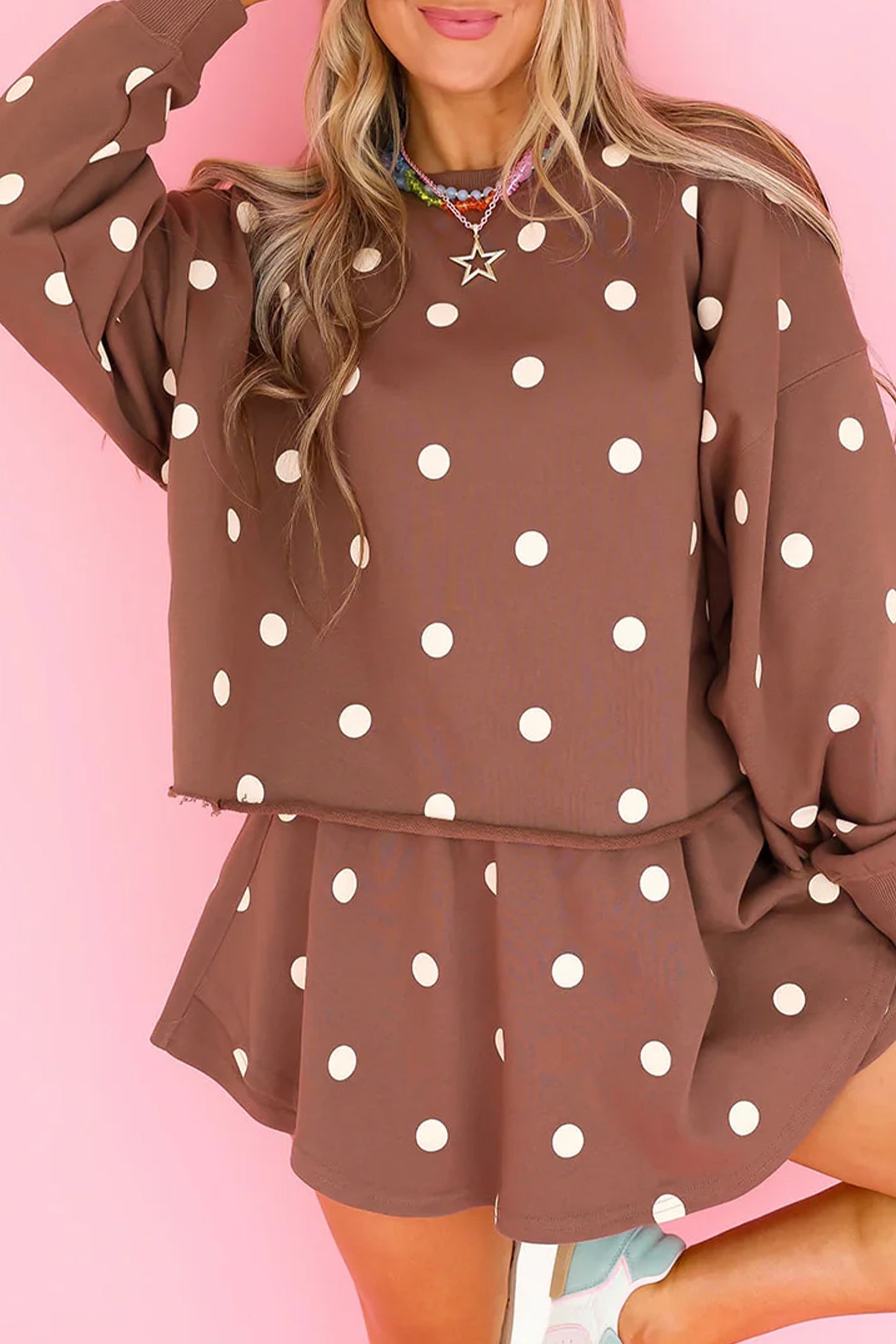 Brown Polka Dot Sweatshirt Skort Two Piece Set