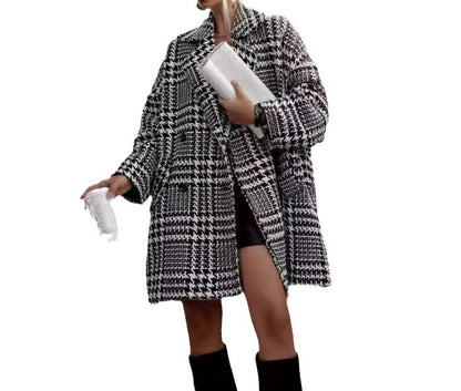 Womens Oversized Houndstooth Tweed Winter Coat Jacket