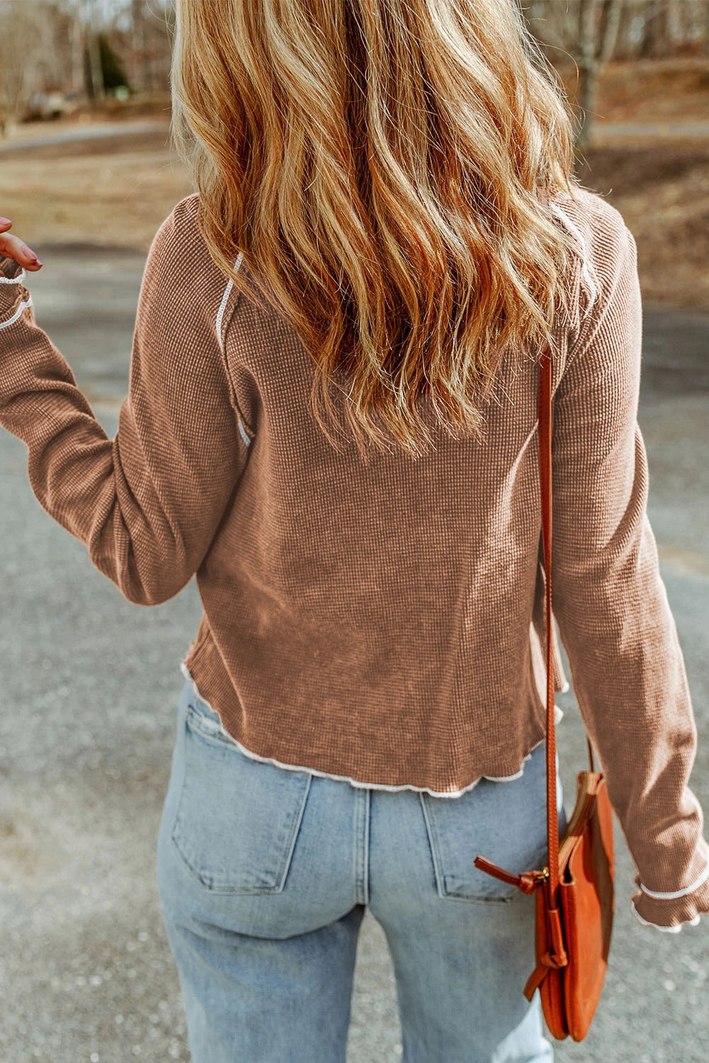 Womens Waffle Knit Long Sleeve Top Casual Crew Neck Tee