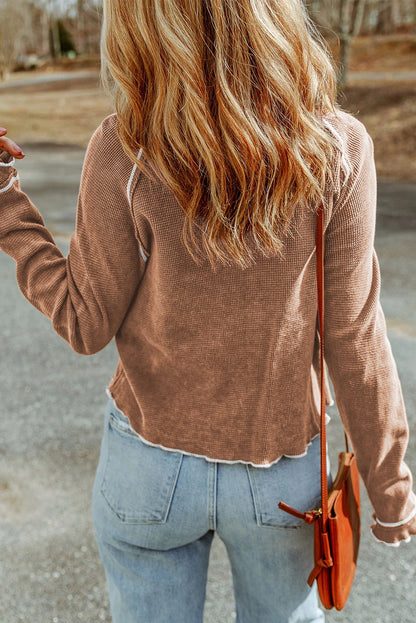 Womens Waffle Knit Long Sleeve Top Casual Crew Neck Tee