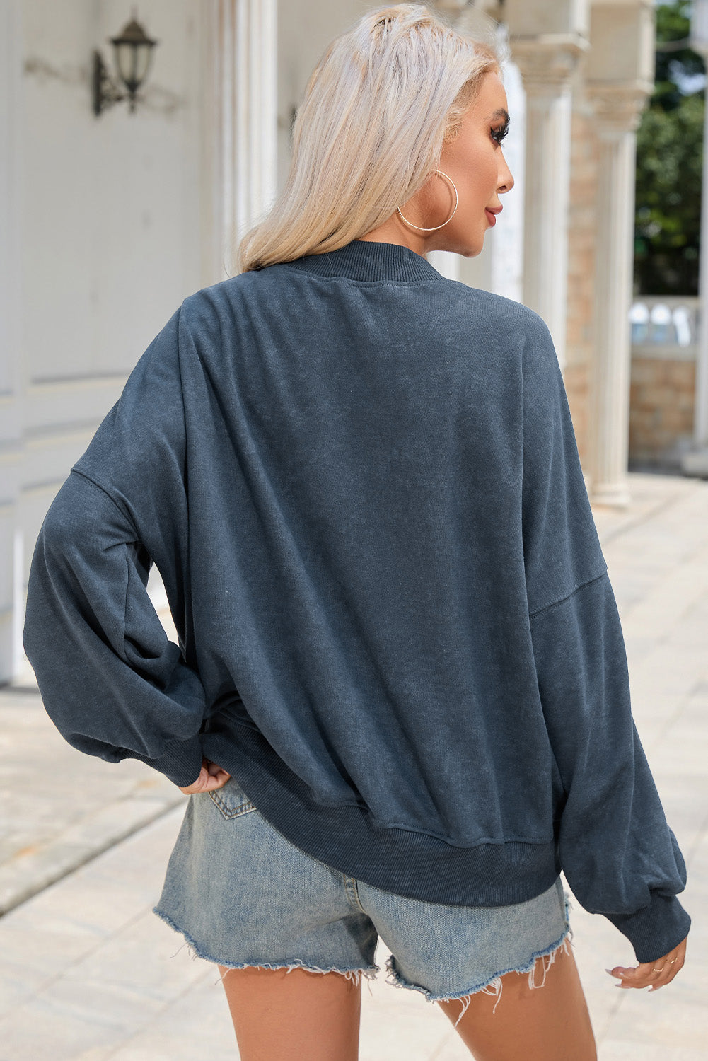Washed Sky Blue Drop Shoulder Crew Neck Sweatshirt
