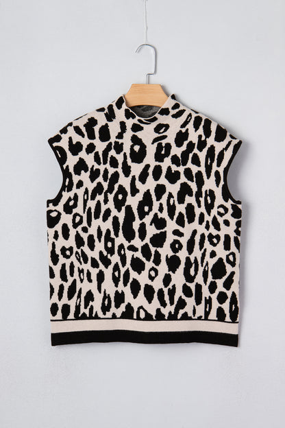 Leopard Print High Neck Short Sleeve Knit Top