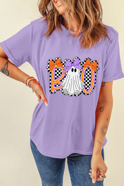 Purple Boo Ghost Halloween Graphic Tee with Bow Design