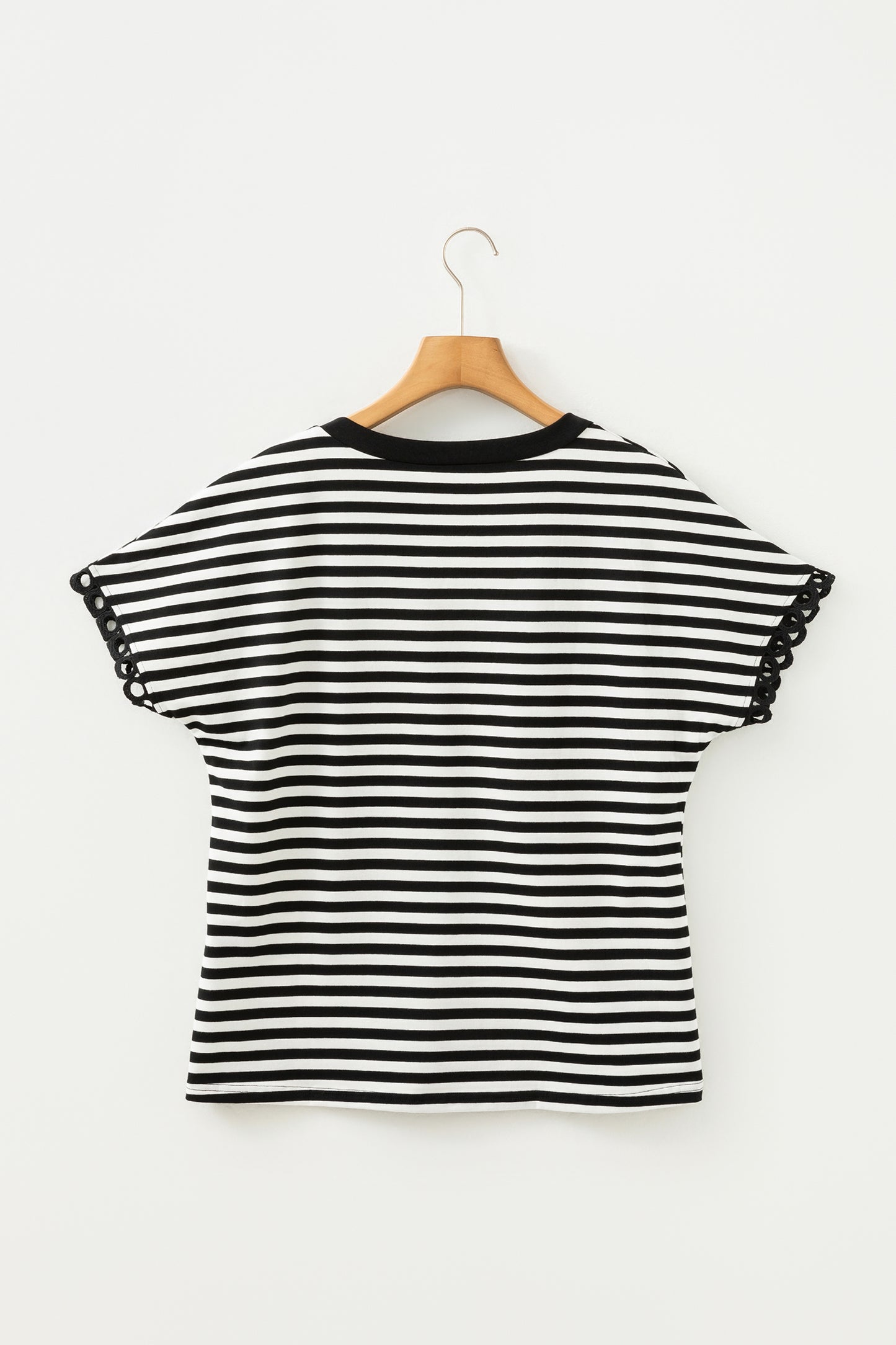 Black Stripe V Neck Lace Trim Casual Tee Top